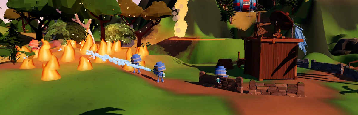 Two Hose-Bots spray water at a line of flames in front of a wooden supply shack