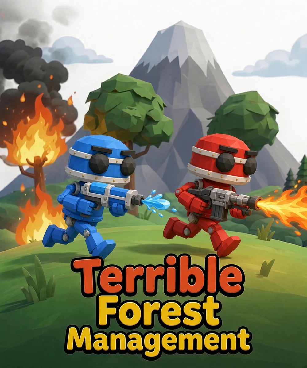 Key art: a blue Hose-Bot sprays water while a red Firebug blasts a flamethrower in front of a smoking mountain
