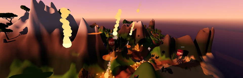 Glowing meteors streak down onto a sunset island, setting the forest alight