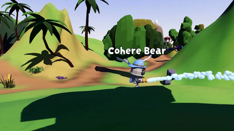 A Hose-Bot named Cohere Bear sprays a stream of water across a hillside