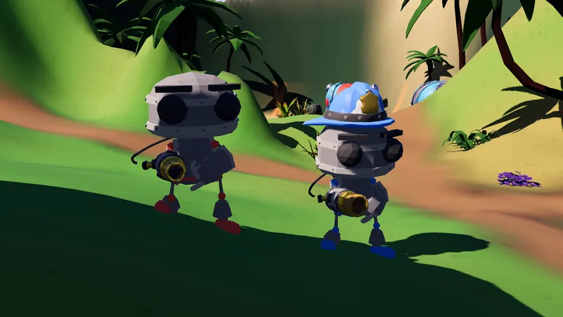 A bareheaded Firebug robot and a Hose-Bot in a blue fire helmet stand side by side on a jungle path