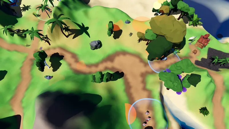 Seen from above, bots scatter out of a strike warning circle on a forest path