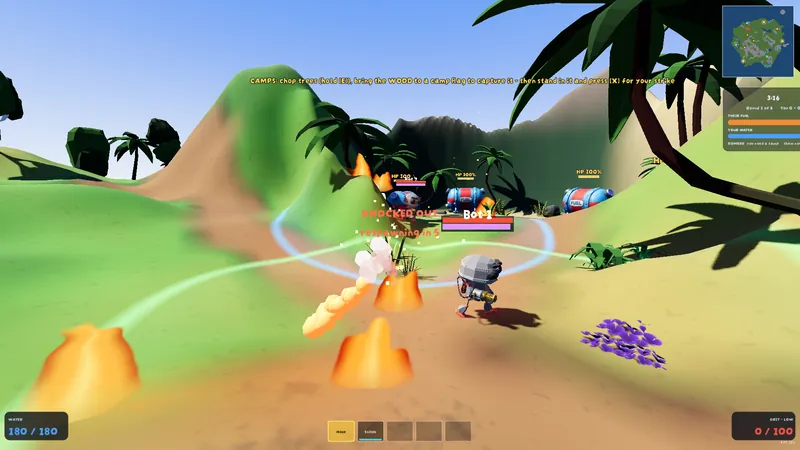 A Hose-Bot sprays water at Firebugs, each with a health bar and a purple stealth bar over its head