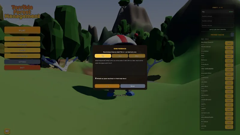The Send Feedback popup with Bug, Idea and Other options and a message box
