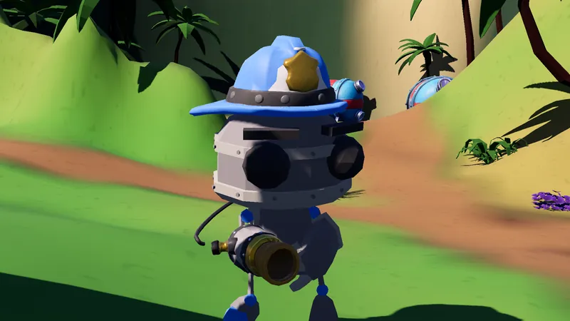 Close-up of a Hose-Bot wearing a blue fire helmet with a gold badge