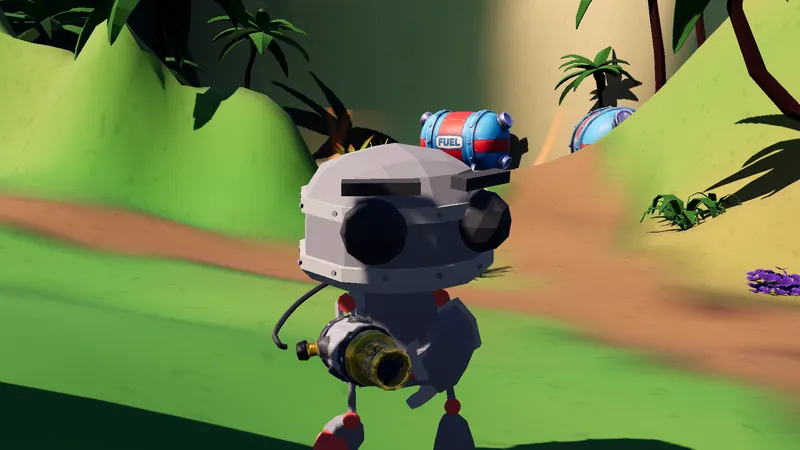 A bareheaded Firebug robot with a red fuel canister on its back