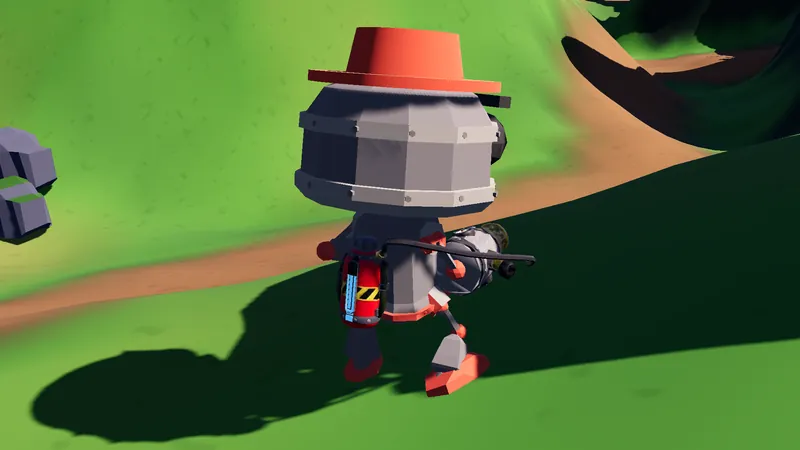 A Firebug in a red hat walks away from the camera, a striped fuel tank on its back