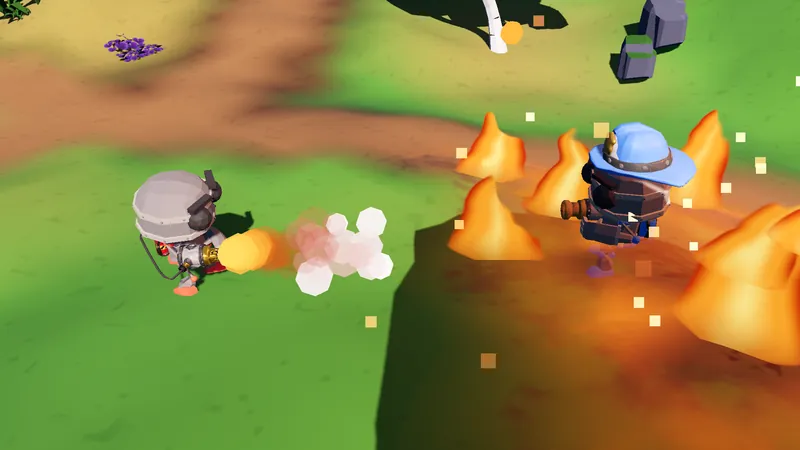 A Firebug blasts a burst of flame straight at a Hose-Bot in a blue fire helmet