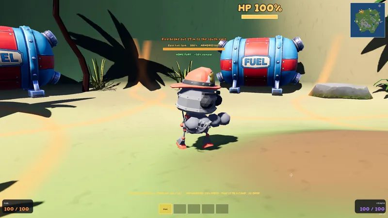 A Firebug carrying a load of wood and stone walks past two big red fuel tanks