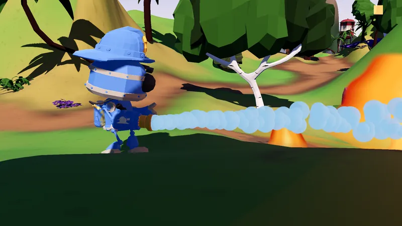 A blue Hose-Bot blasts a stream of water from its arm cannon into an orange blaze