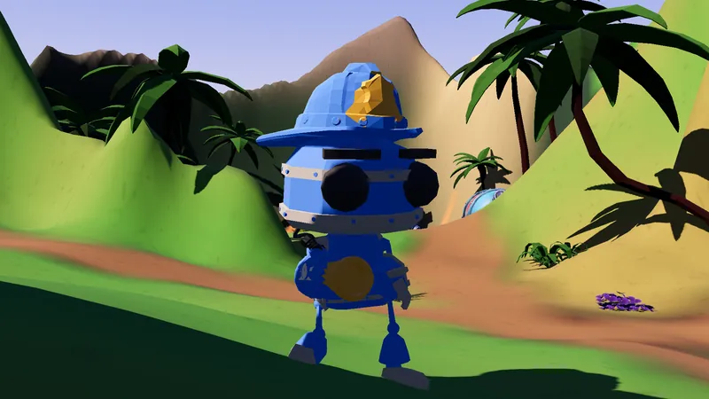 A blue Hose-Bot in a fire helmet with a gold shield stands among palm trees