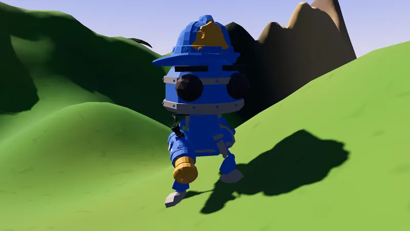 A blue Hose-Bot plants its feet on a grassy slope