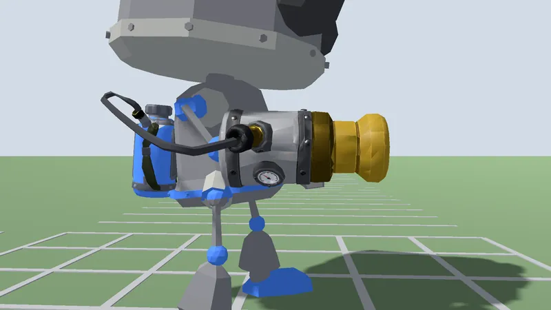 Detail of a robot's hose running from its backpack into a brass water cannon