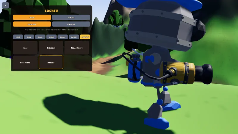 The Locker menu open on the Cannon tab, a robot showing off a yellow Hazard cannon skin