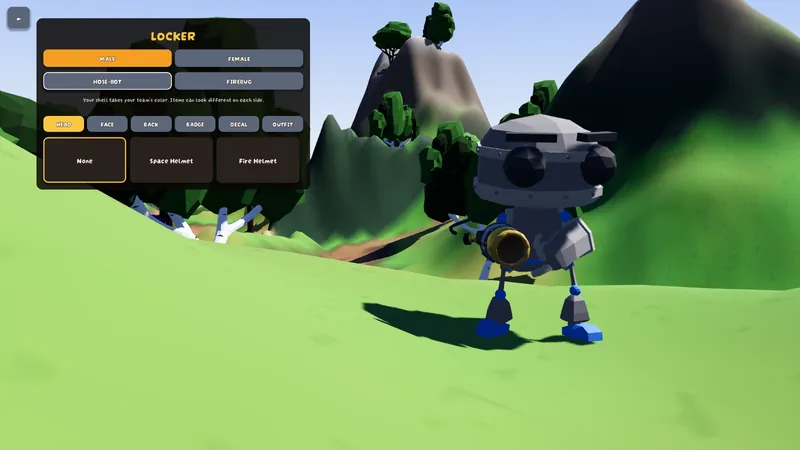 The Locker menu open on the Head tab next to a robot on a grassy hill