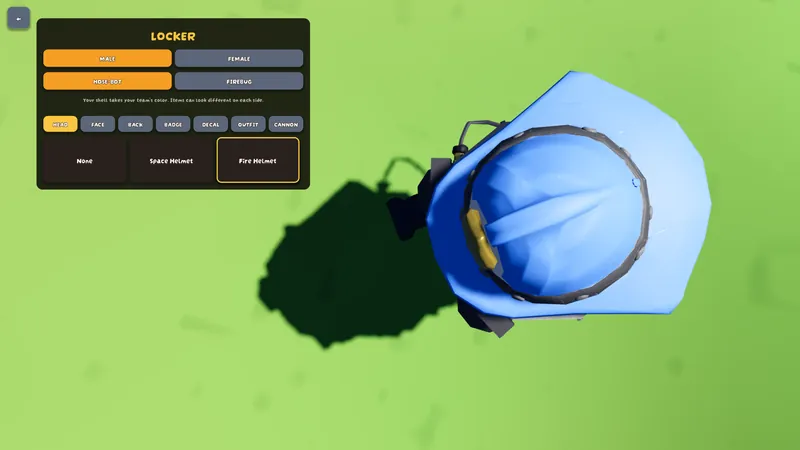 A top-down view of a robot in a blue fire helmet inside the Locker