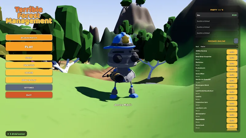 The main menu: a Hose-Bot on a hillside next to Play and Locker buttons and a party list