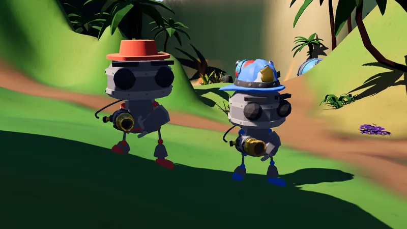 A Firebug with a red brimmed hat and a Hose-Bot in a fire helmet, both in steel gray with team-colored trim
