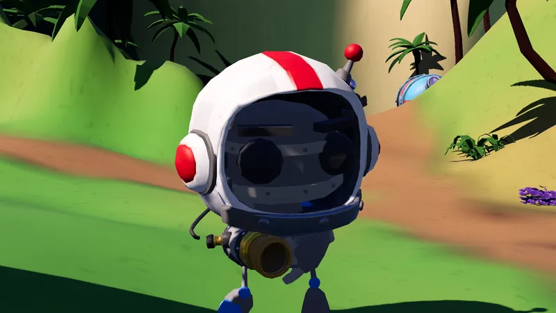 A robot wearing a white space helmet with a red stripe and a little antenna