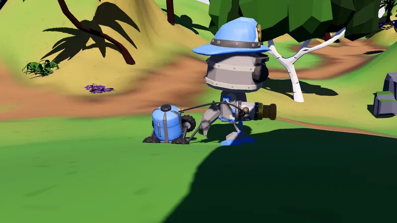 A Hose-Bot in a fire helmet tows a wheeled blue water tank hosed to its cannon