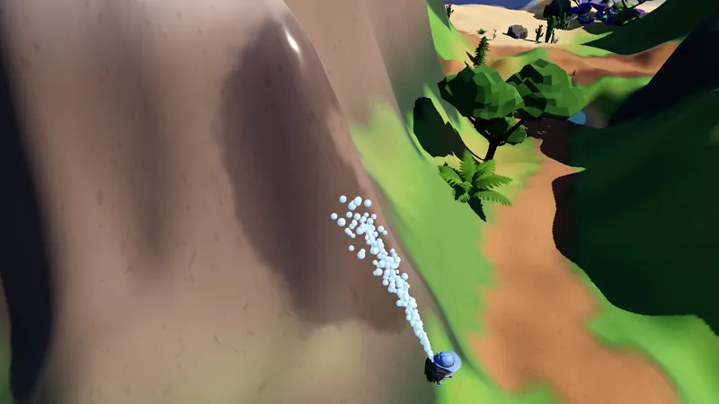 Looking down a steep mountain face as a tiny Hose-Bot sprays water up the rock