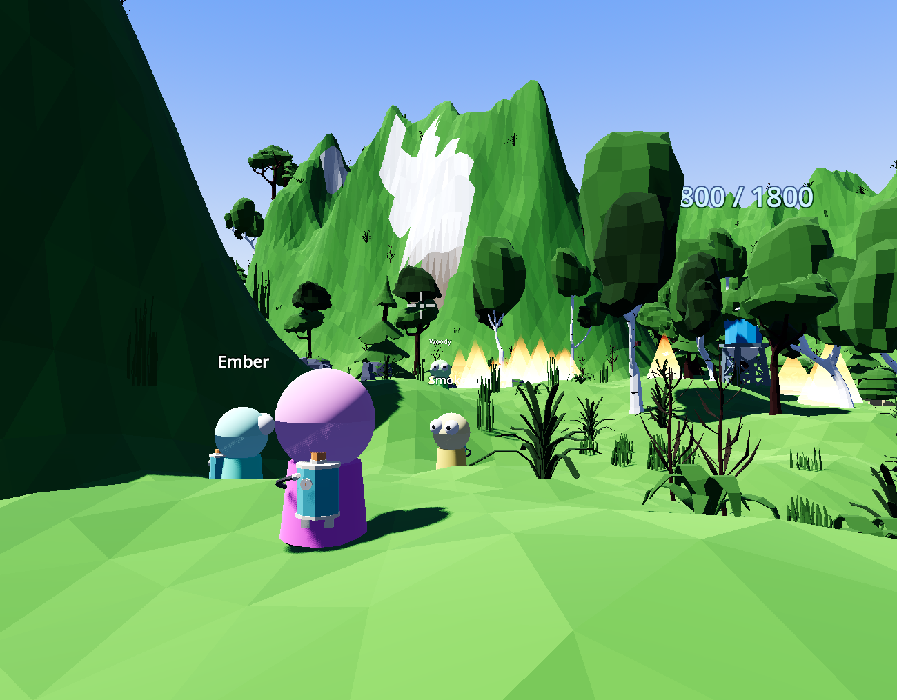 Ember and Woody standing in a low-poly meadow, watching fire spread along the treeline below green mountains