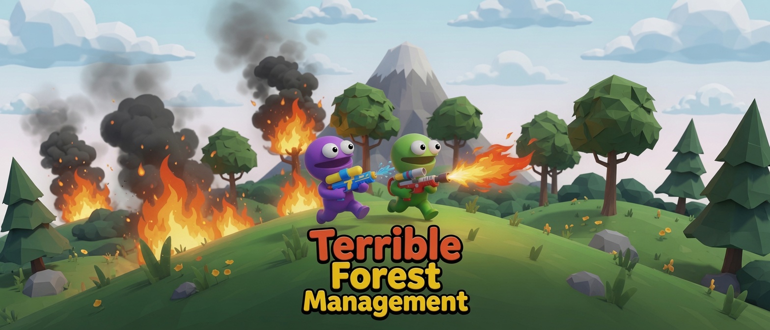 Terrible Forest Management — a purple character with a water gun and a green character with a flamethrower face off across a burning low-poly forest