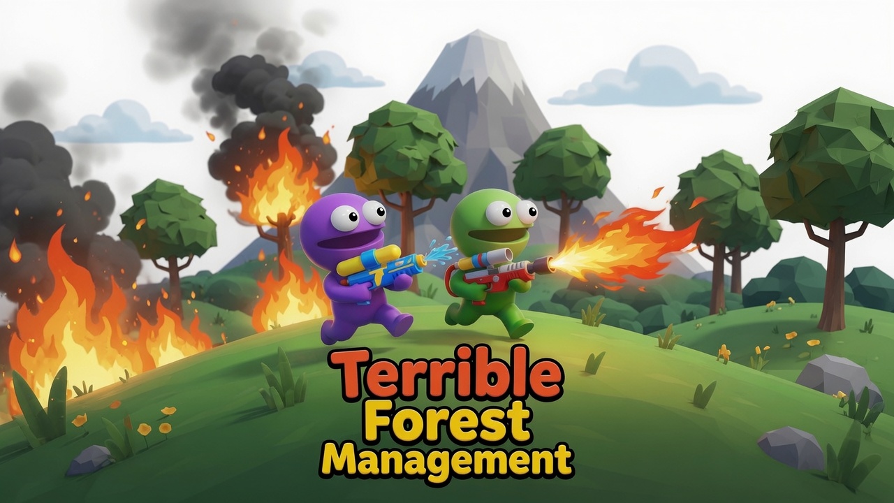 Terrible Forest Management cover art: two cartoon characters running past burning trees, one wielding a water gun and the other a flamethrower